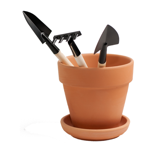 Clay Pot With Wooden  Rake and Shovel